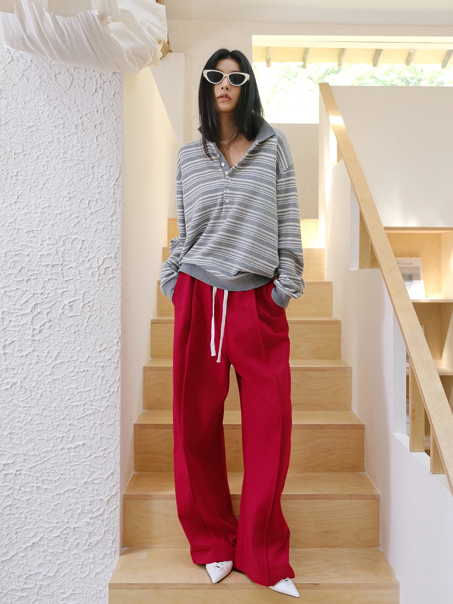 

American Sle Pleated Dstring Fce Women's Loose Casual Faionable Long Pants Trousers with ket l Waist