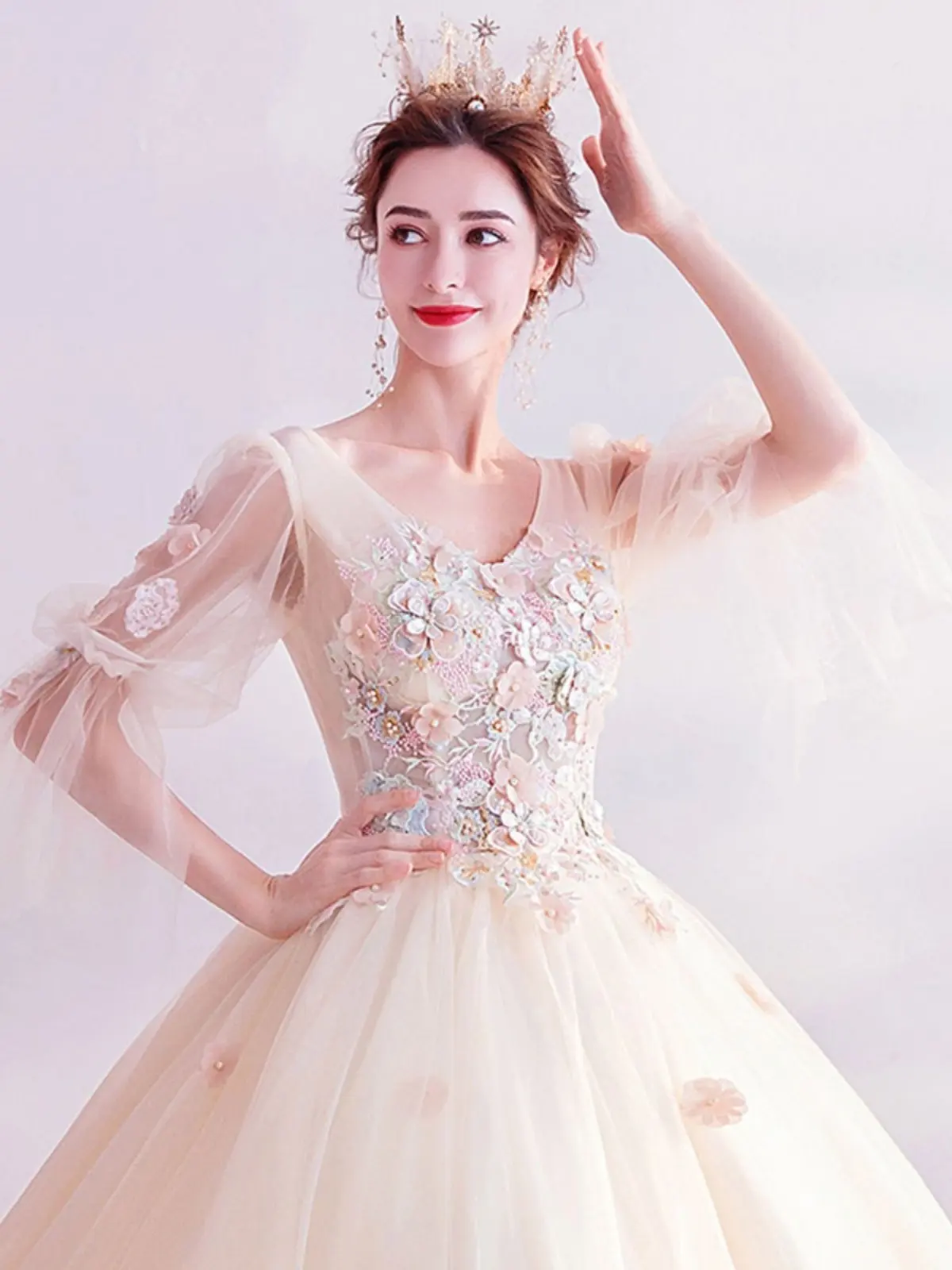 

Вечернее платье цвета шампань с длинными рукавами для взрослых, свадебное, для церемоний, модное, с индивидуальным пошивом, ручная работа, фло...