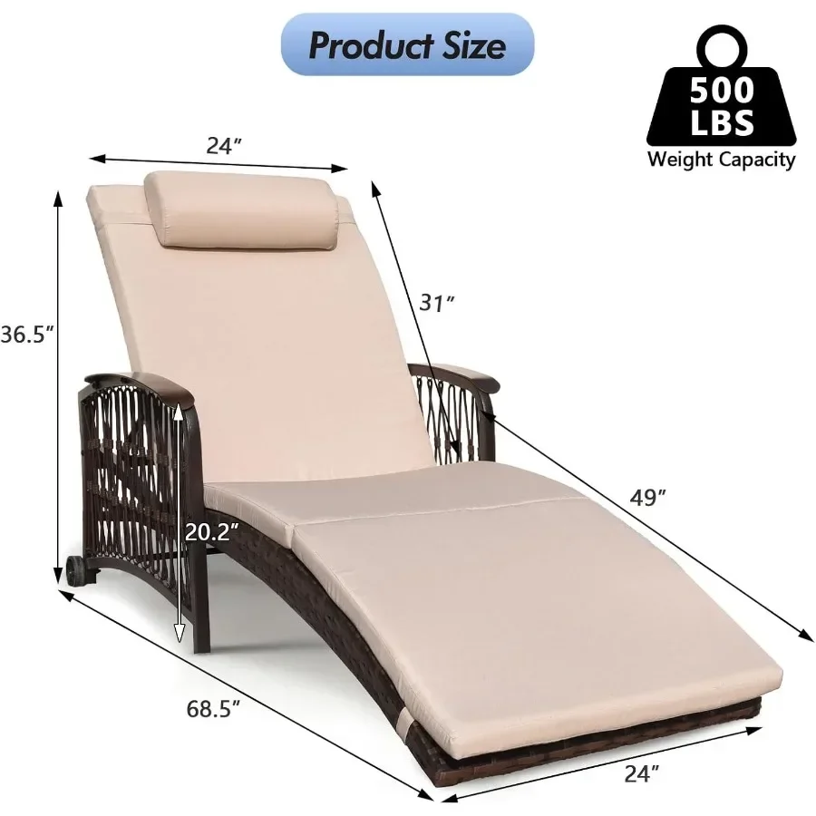 Outdoor Chaise Lounge Set of 2 Outdoor Wicker Rattan Patio Chairs Recliners with 5-Position Backrest and Thickened Cushions and