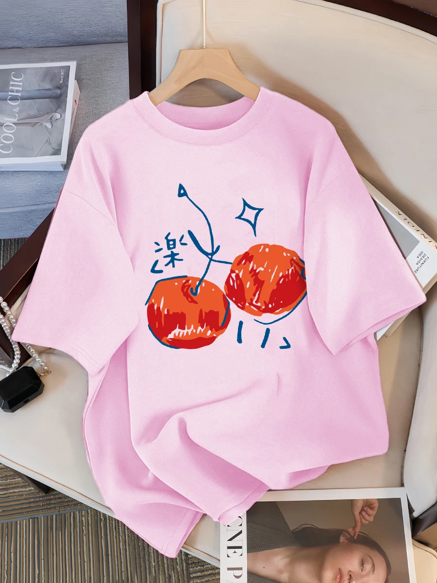 Cherry Illustration Prints Women T-Shirt Casual Sport Short Sleeve Breathable Summer T Shirt Cotton Street New Clothing