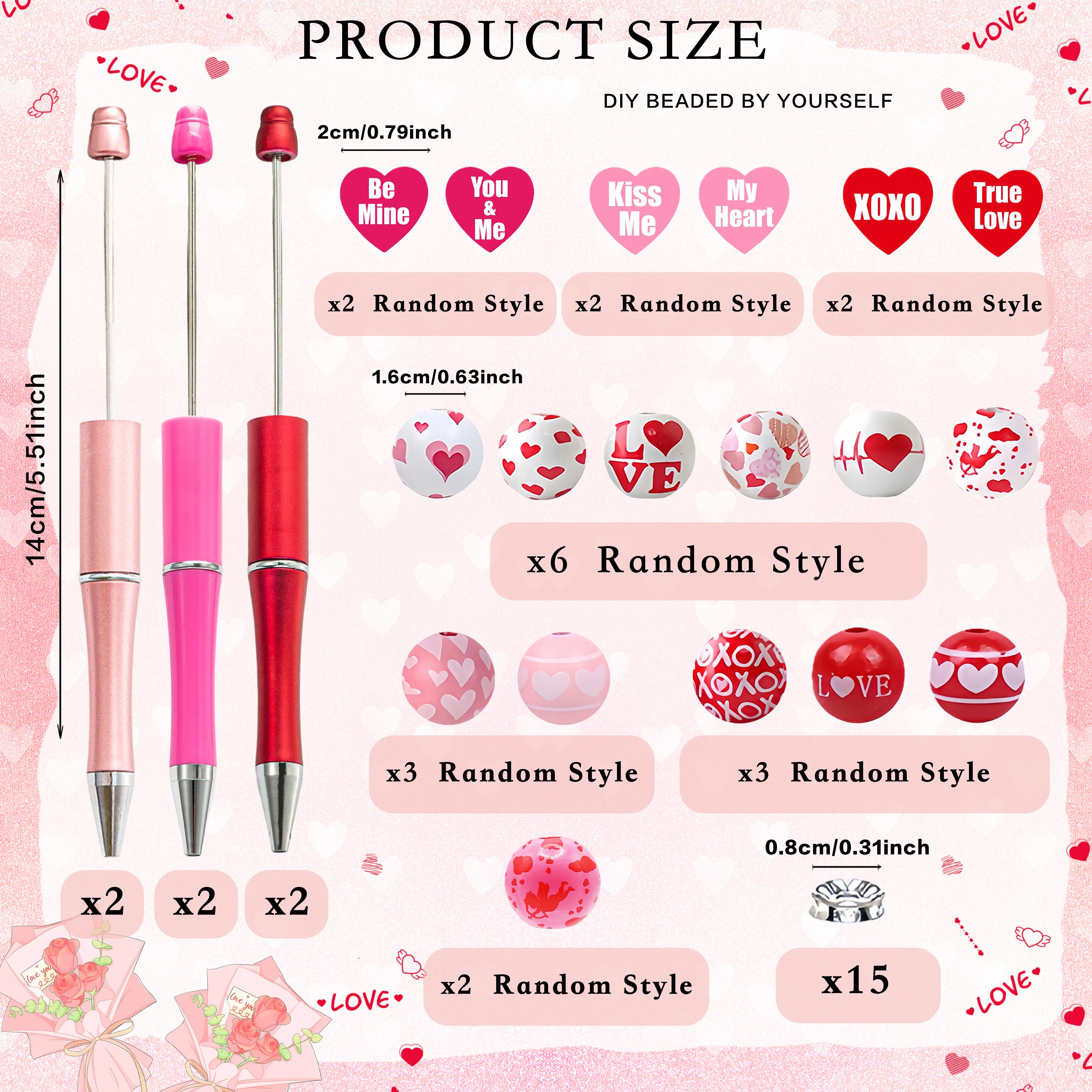 6pcs/set Valentine's Day DIY Beaded Pens, Heart Text Wooden Bead DIY Ballpoint Pens, for Studying, Writing and Office Use