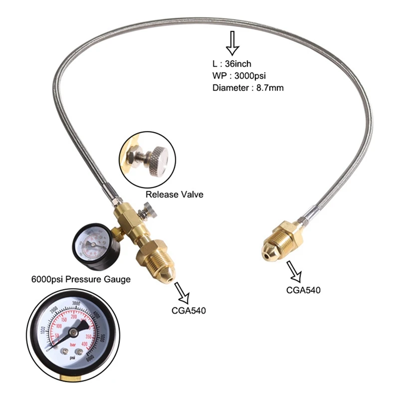 Nitrogen Helium 36-Inch Stainless Steel Braided Connecting Hose Fitting With Pressure Gauge