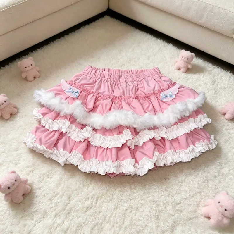 Japanes Sweet Lolita Style Fluff Mini Skirts Women Y2K Aesthetic Slim Cake Skirt Winter Cute Fashion Bow A-line Skirt New