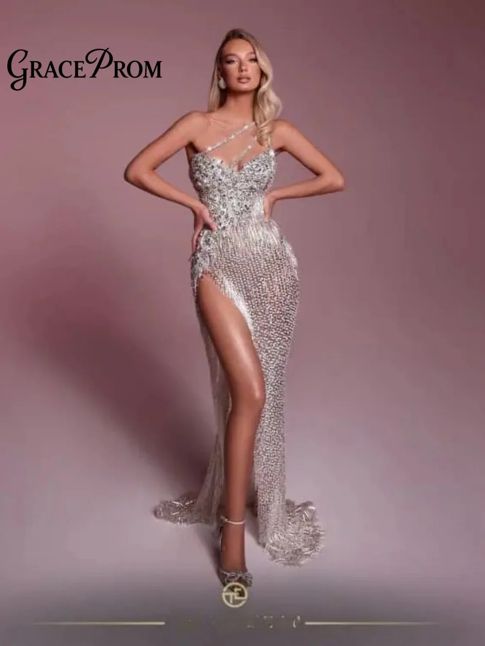 

Luxury Thin Strap Evening Dress Exquisite Side Slit Crystal Evening Gown Romantic Sleeveless A-Line Floor-Length Party Gown