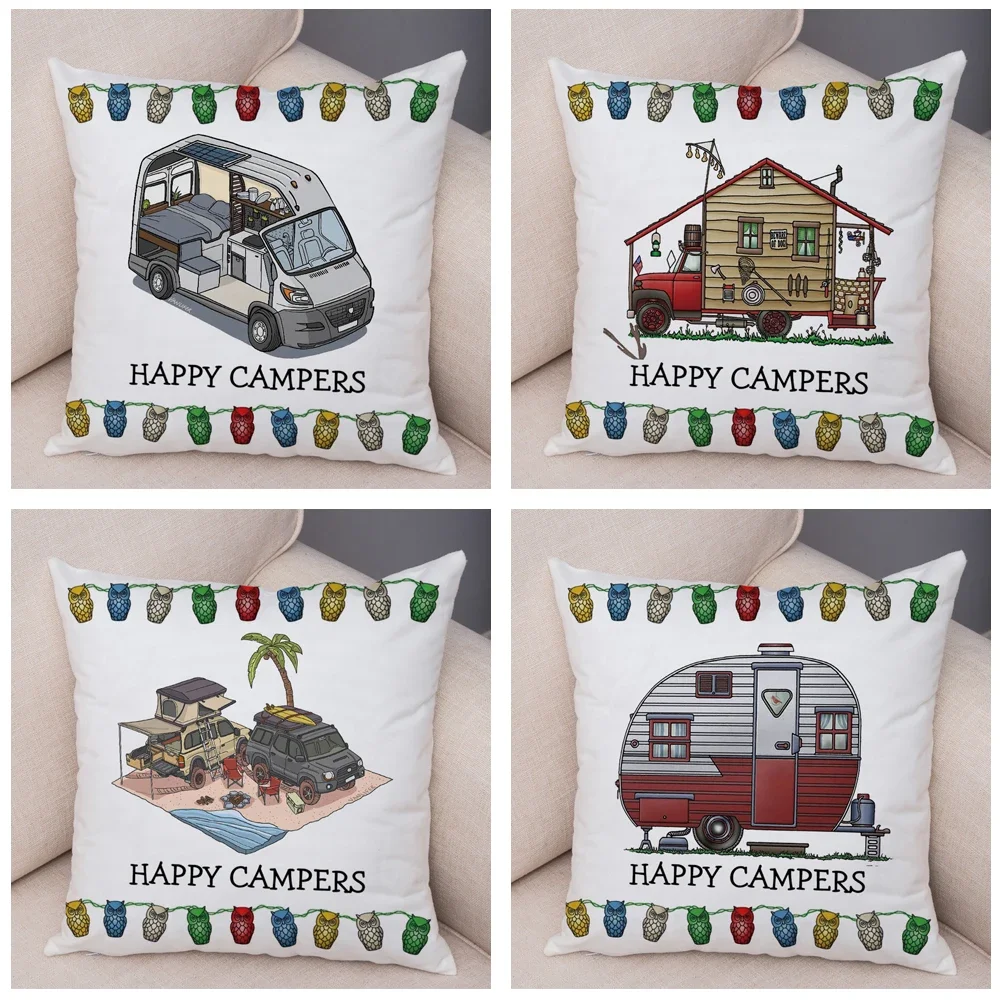 Both Sides Cartoon House Travel Car Cushion Cover Pillow Case Decor Happy Camper Van Life Soft Plush Pillowcase for Sofa Home