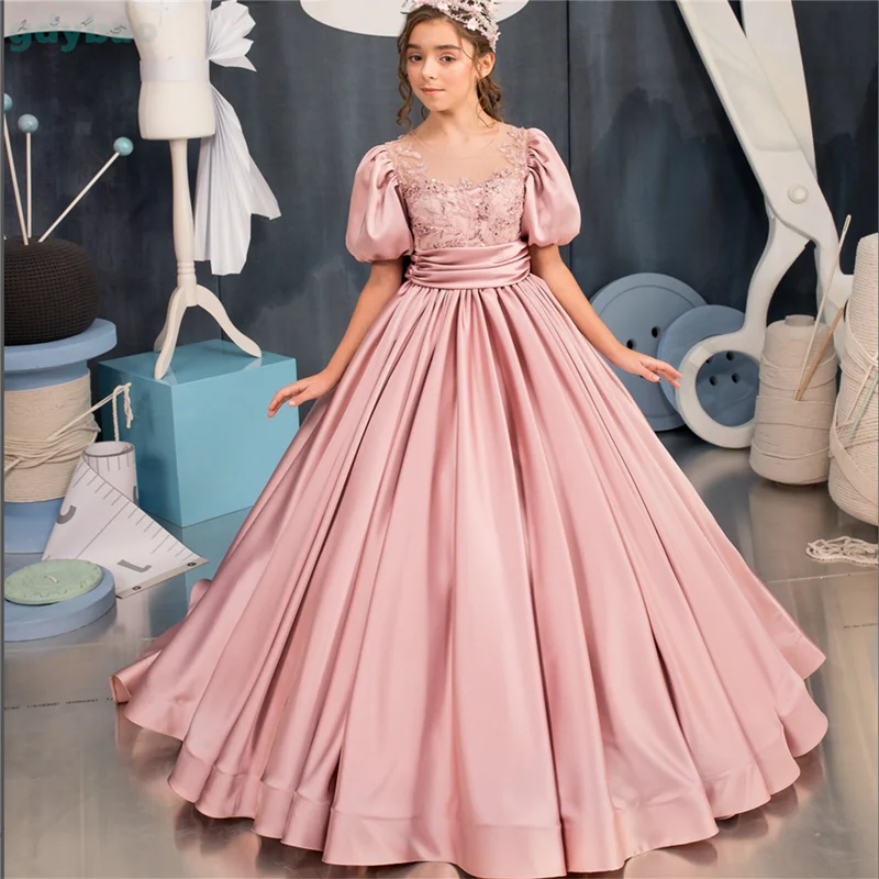 

Pink Flower Girl Dress For Wedding Satin Puffy Applique Short Sleeves Floor Length Birthday Party First Communion Ball Gown