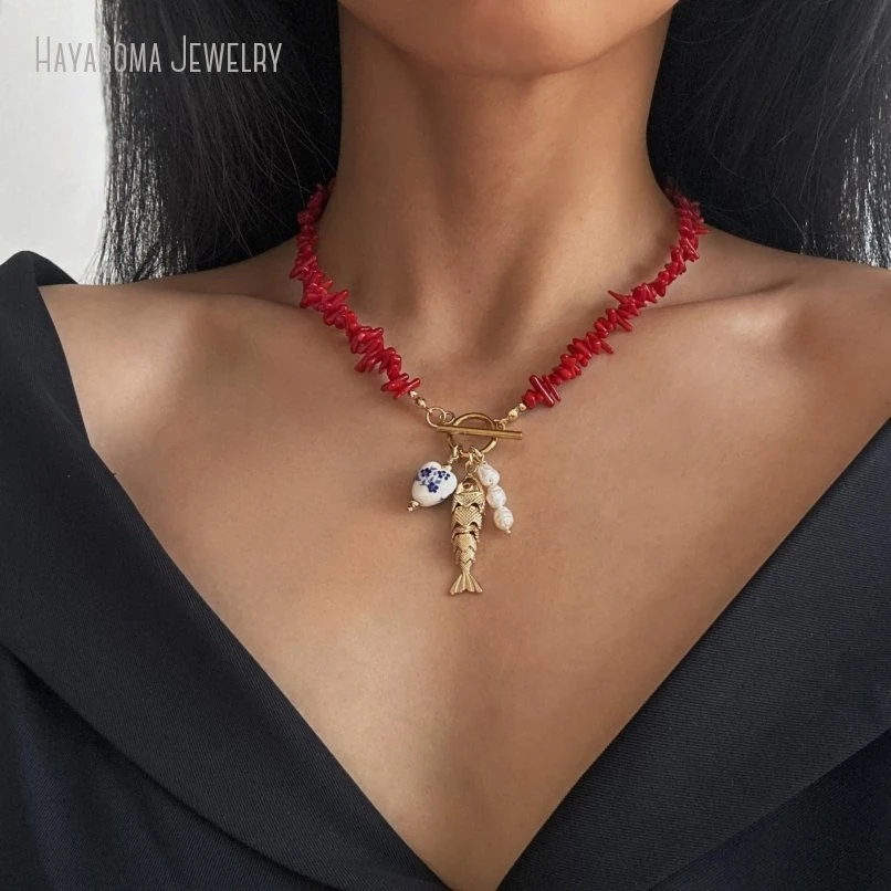 

10Pcs Stunning Red Coral Bead Chkoer Fish Charm Necklace Boho Chic Multi Heart Real Pearl Charms Shell Jewelry