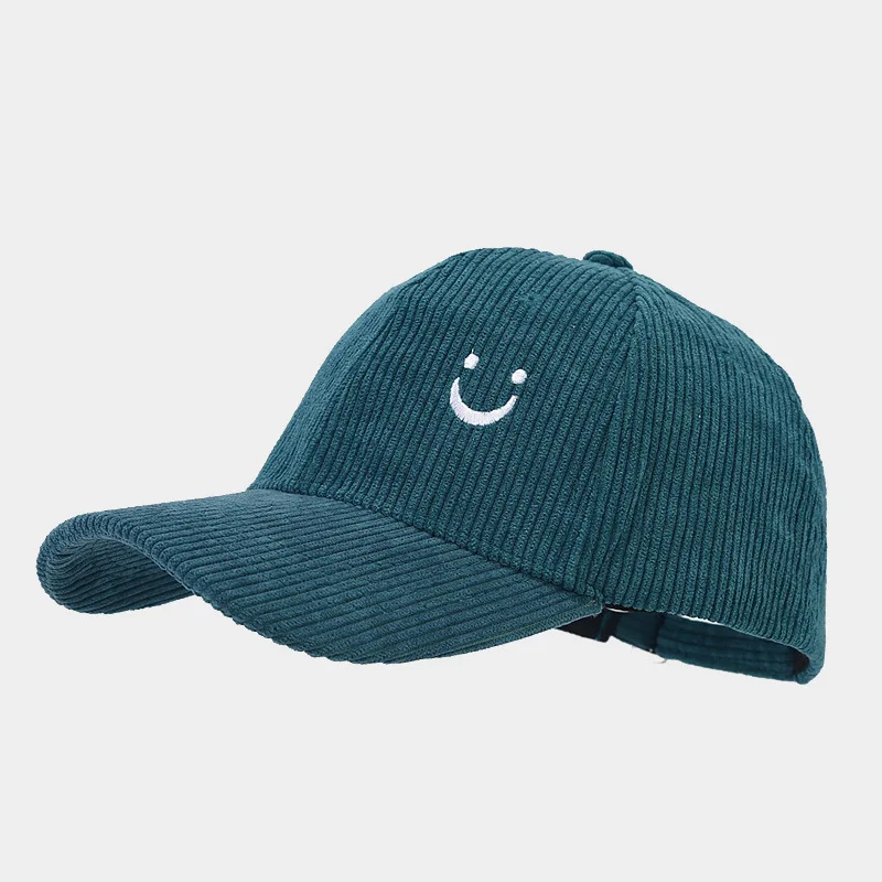 Ins new cute little smiling face embroidered corduroy baseball cap autumn and winter street fashion simple curved brim duckbill