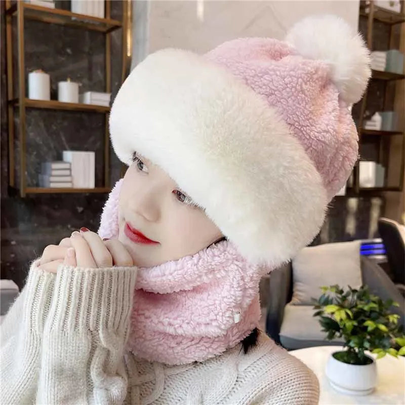 Winter Beanie Scarf Set Hooded for Women Fur Cashmere Neck Warm Russia Outdoor Ski Windproof Hat Thick Plush Fluffy Beanies