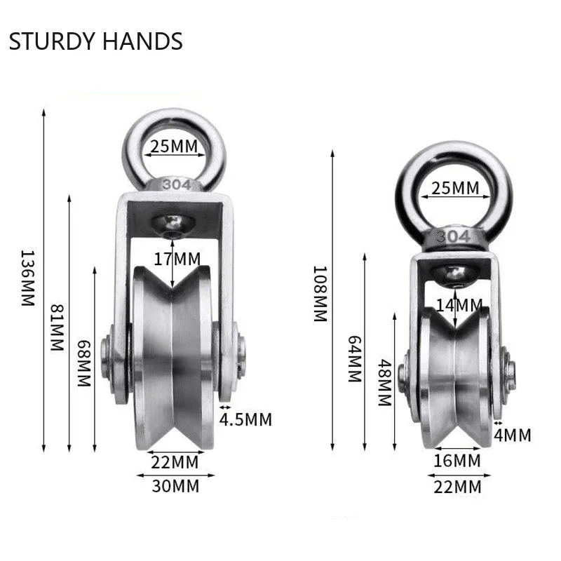 1Pc Stainless Steel Lifting Shaft Bearing Pulley V Type Mute Hanging Wheel Fixed Pulley Swivel Rollers Loading Hardware Tool