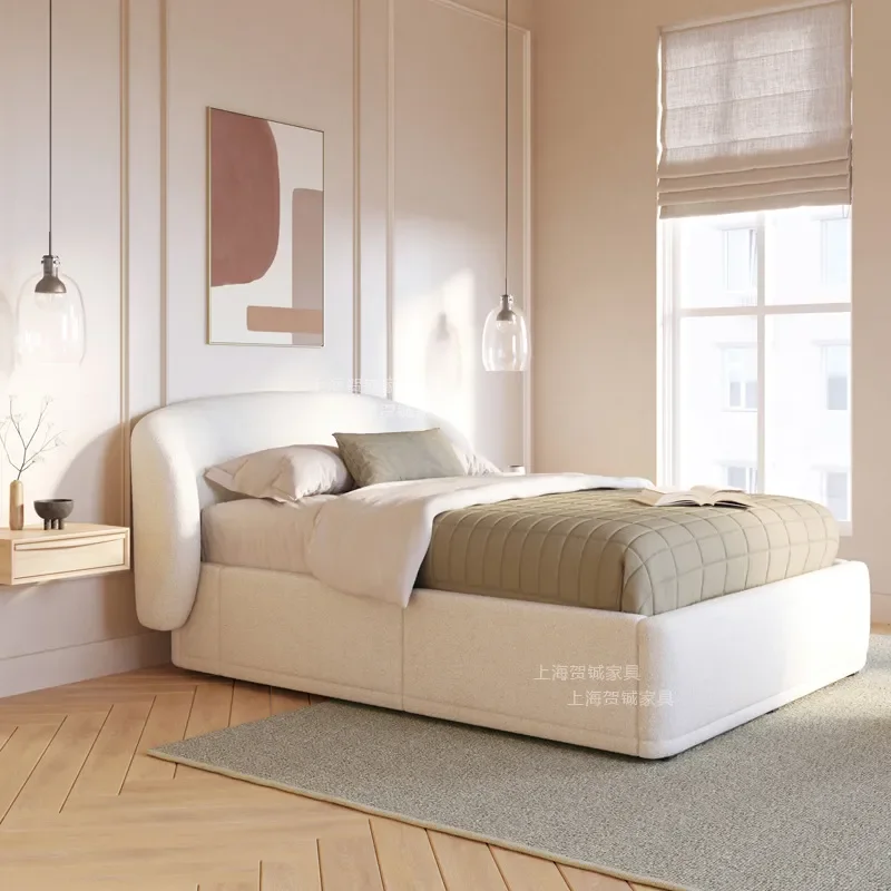 Nordic Simple Lamb Wool Storage Bed French Medieval Cream Style 1.8m High Box Bed Soft Upholstered Drawer Bed for Bedroom
