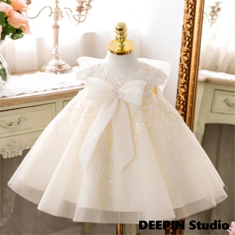 

2024 New Baby 1st Birthday Wedding Party Dress Girl Princess Dress Kids Lace Bow Dress For Girl Baptism Dress Boutique Ball Gown