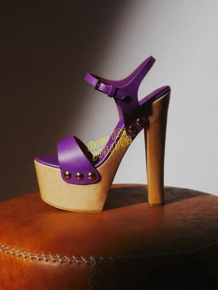 Platform Block Heel Ankle Buckle Strap Open Toe Purple Matte Leather Fashion 2025 Handmade Runway Women Dress Shoes Solid