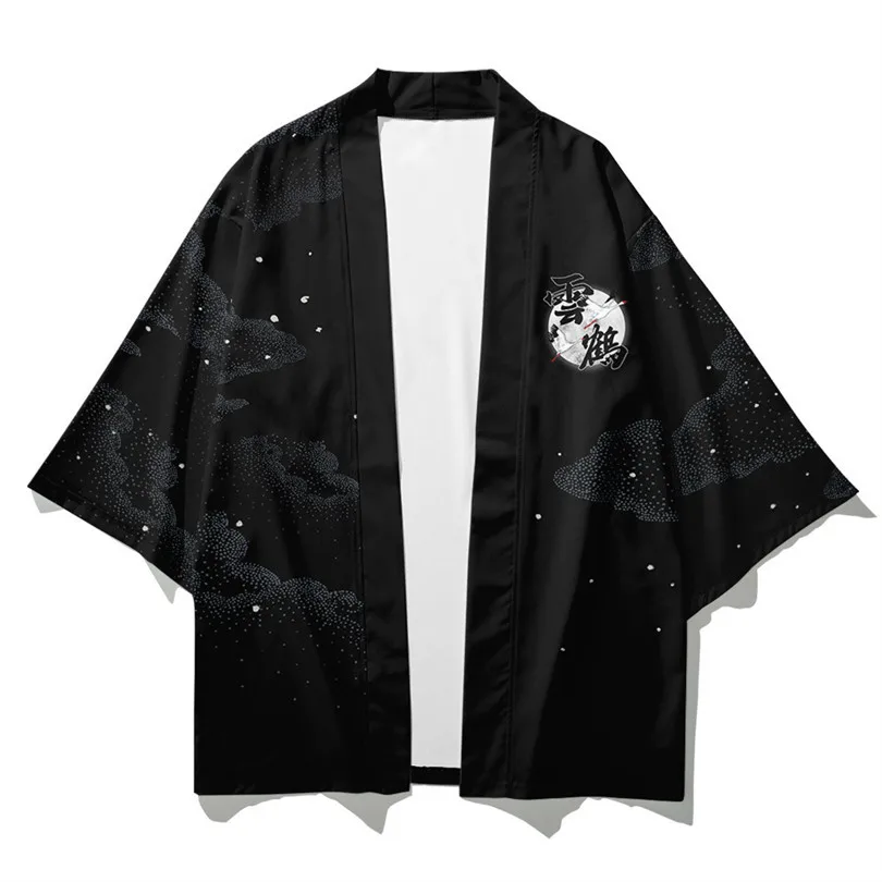 Japanese Wave Samurai Crane Print Shirt Clothing Traditional Haori Cosplay Kimono Women Men Harajuku Cardigan Yukata