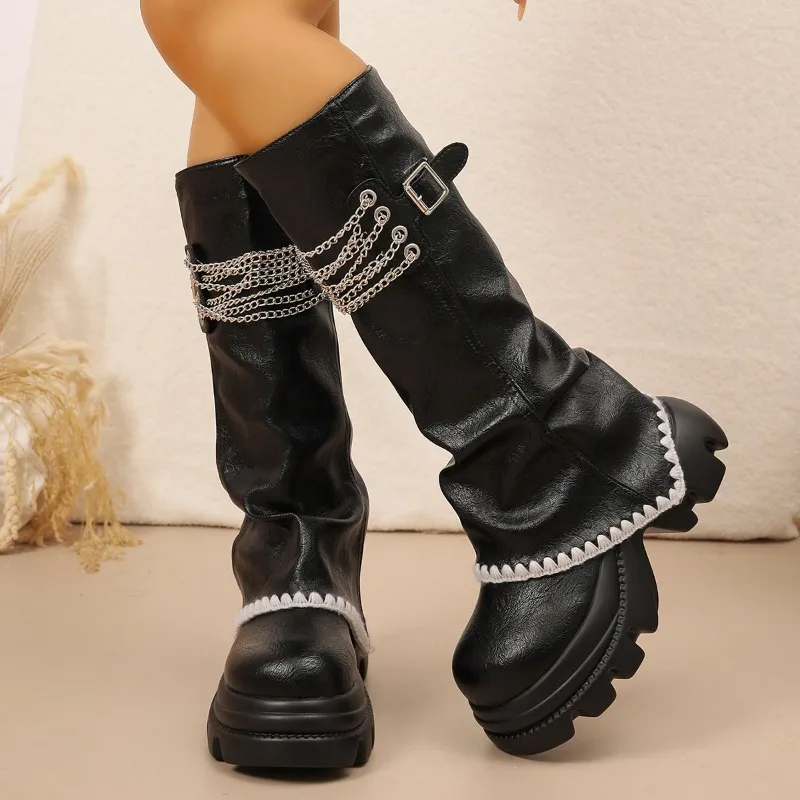 Fashion Punk Style Metal Chain Scalloped Stitching Women's Mid Calf Boots 2026 New Round Toe Thick Soled Buckle Strap Women Boot