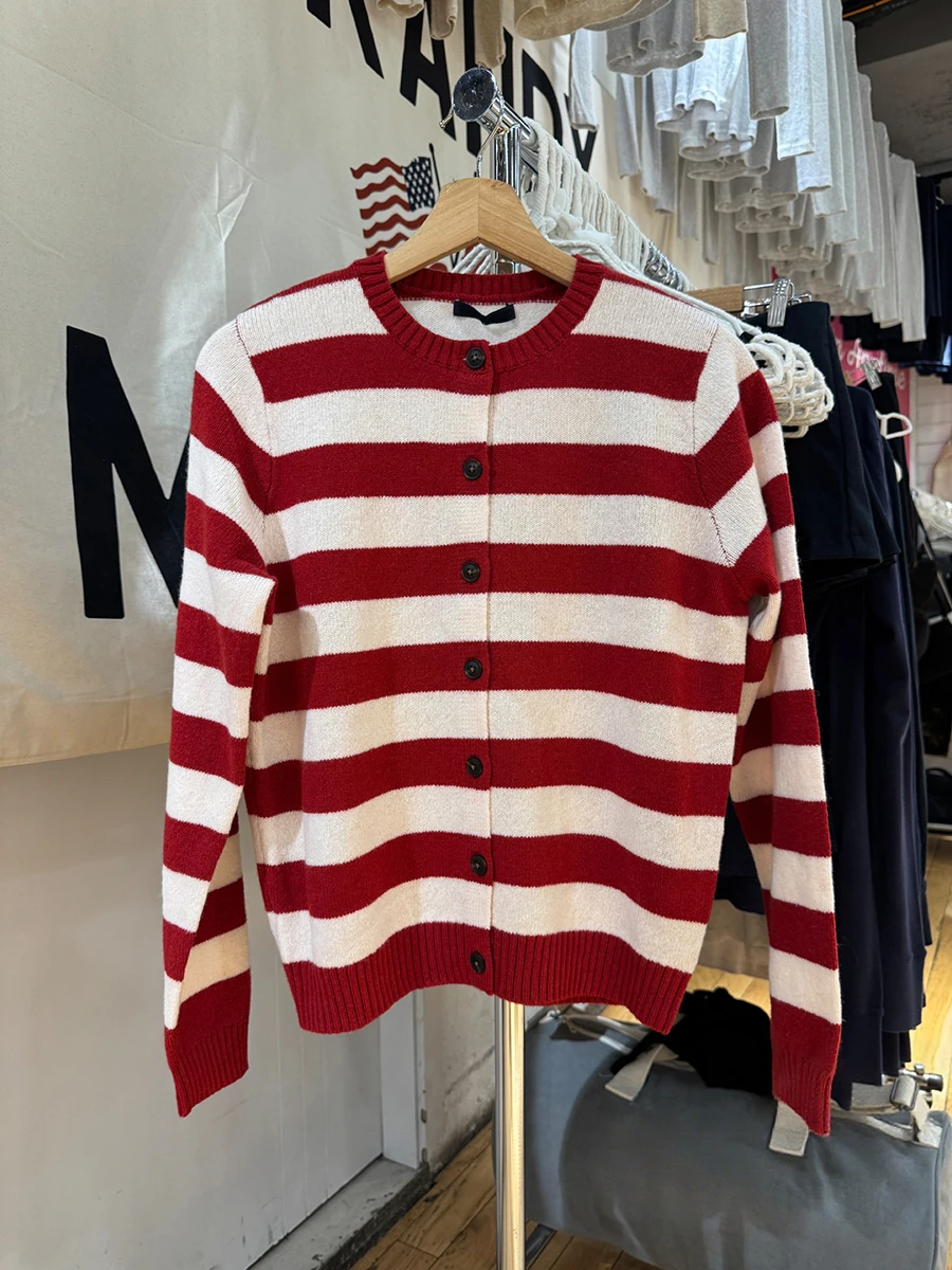 

Red Striped Long Sleeve Sweater Cardigan Women Autumn New Crew Neck Single Breasted Jumper Preppy Style Vintage Sweater Knitwear