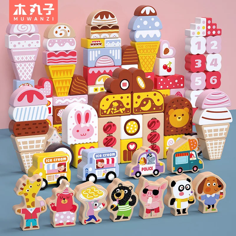 بناء قلعة عالم الآيس كريم الخشبية وتجميع مكعبات البناء الملونة، ألعاب ألغاز الجسيمات الكبيرة للأطفال، XT183