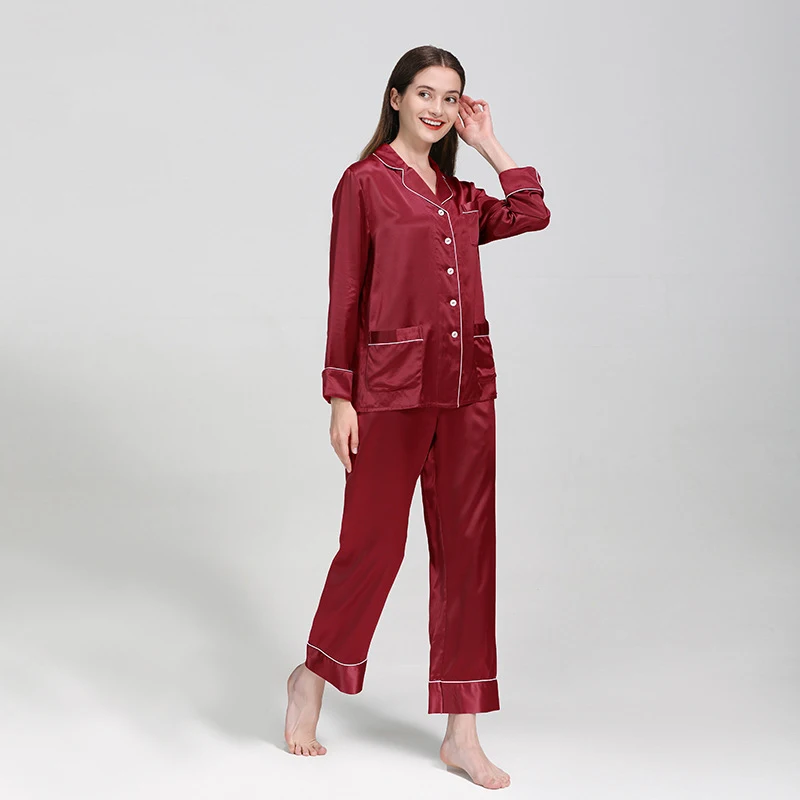 25 Momme Long Sleeve Basic Silk Pajamas Set With Piping