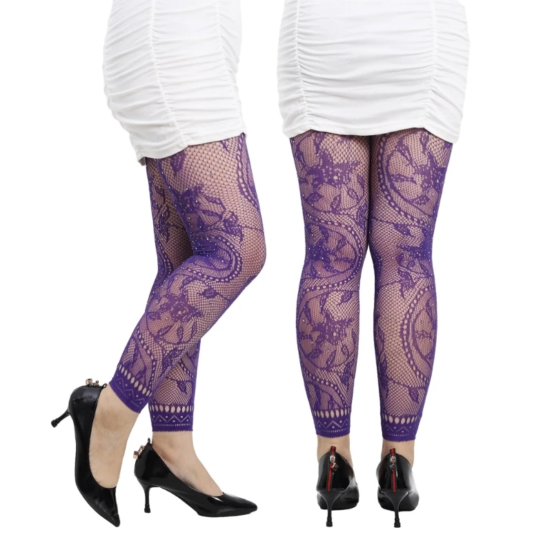 Fishnet Leggings Floral Patterned Rhinestones Footless Ankle Tights for Womens