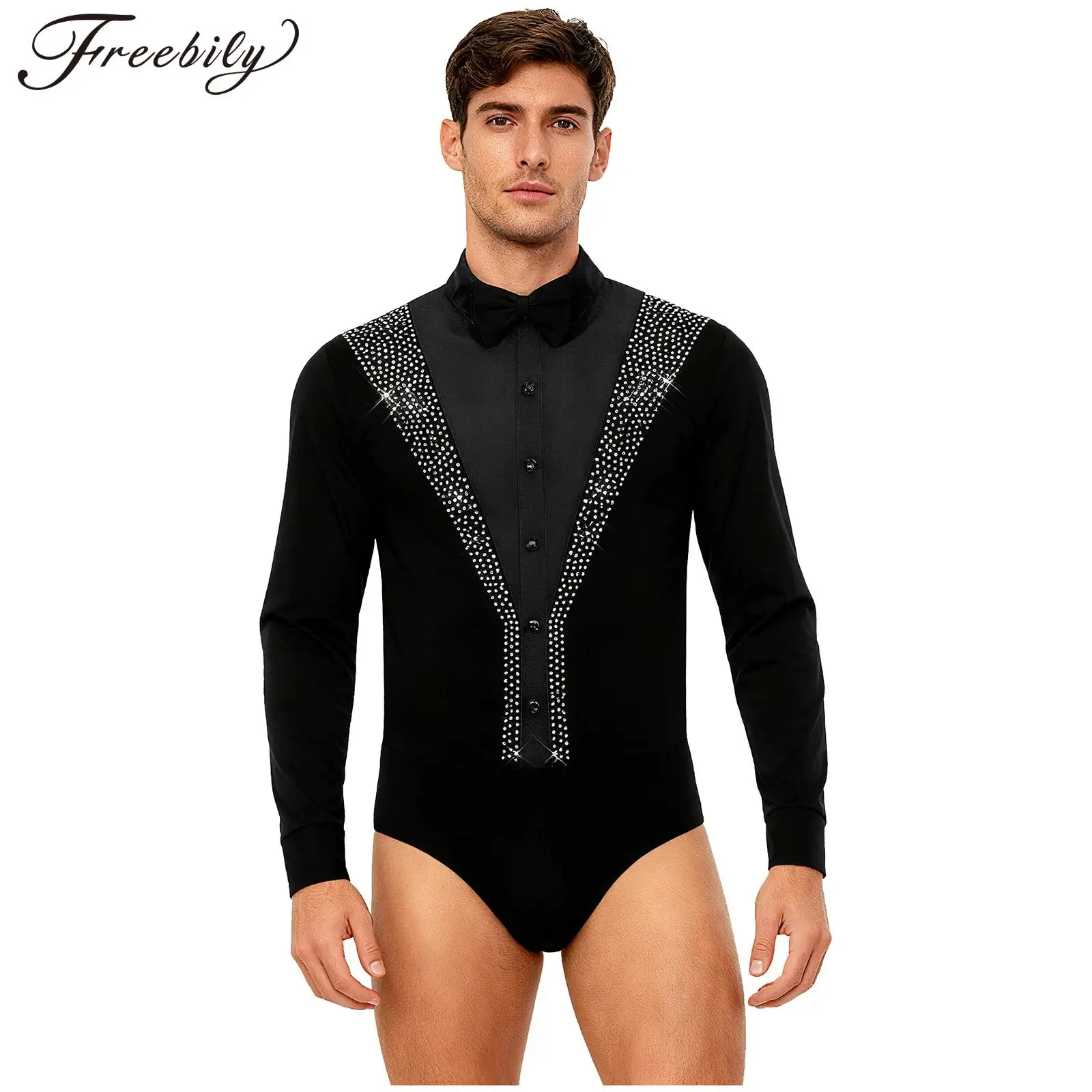 الرجال طويلة الأكمام حجر الراين سستة اللاتينية الرقص ارتداءها الشكل التزلج التانغو قاعة الرقص تشا تشا رومبا الفلامنكو يوتار مع ربطة العنق #1