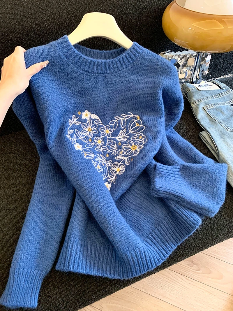 

Winter Knitted Sweater Heart & Flower Design round Neck Loose Pullover Korean Style Thick Short Women's Fashion Casual Top