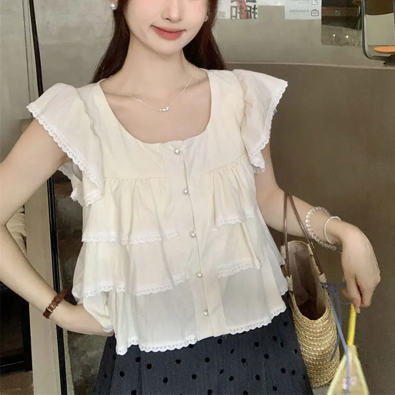 Sweet Flying Sleeve Lace Spliced Blouse Summer Thin Square Collar Female Clothing Stylish Ruffles Solid Color Casual Basic Shirt