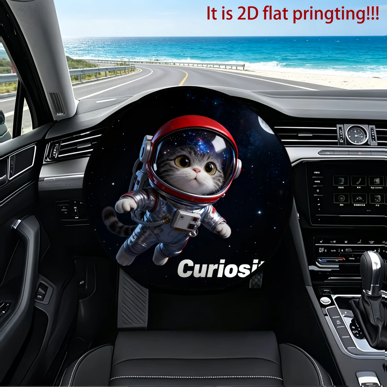 1pc Car Steering Wheel Cover, Space Cat Astronaut Floating Starry Sky Print Design, Steering Wheel Sunshade, Heat Insulation, Su