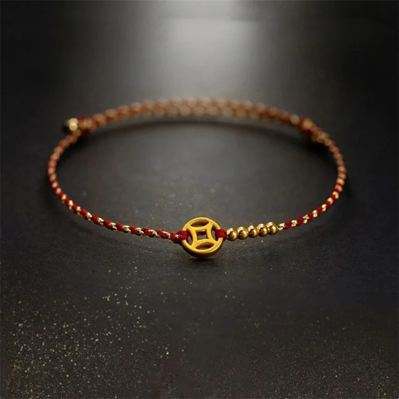 Handmade Woven Red Rope Wealth Lucky Bangle Gold Color Copper  Adult Women Men Couple Adjustable Bracelets Drop Shipping