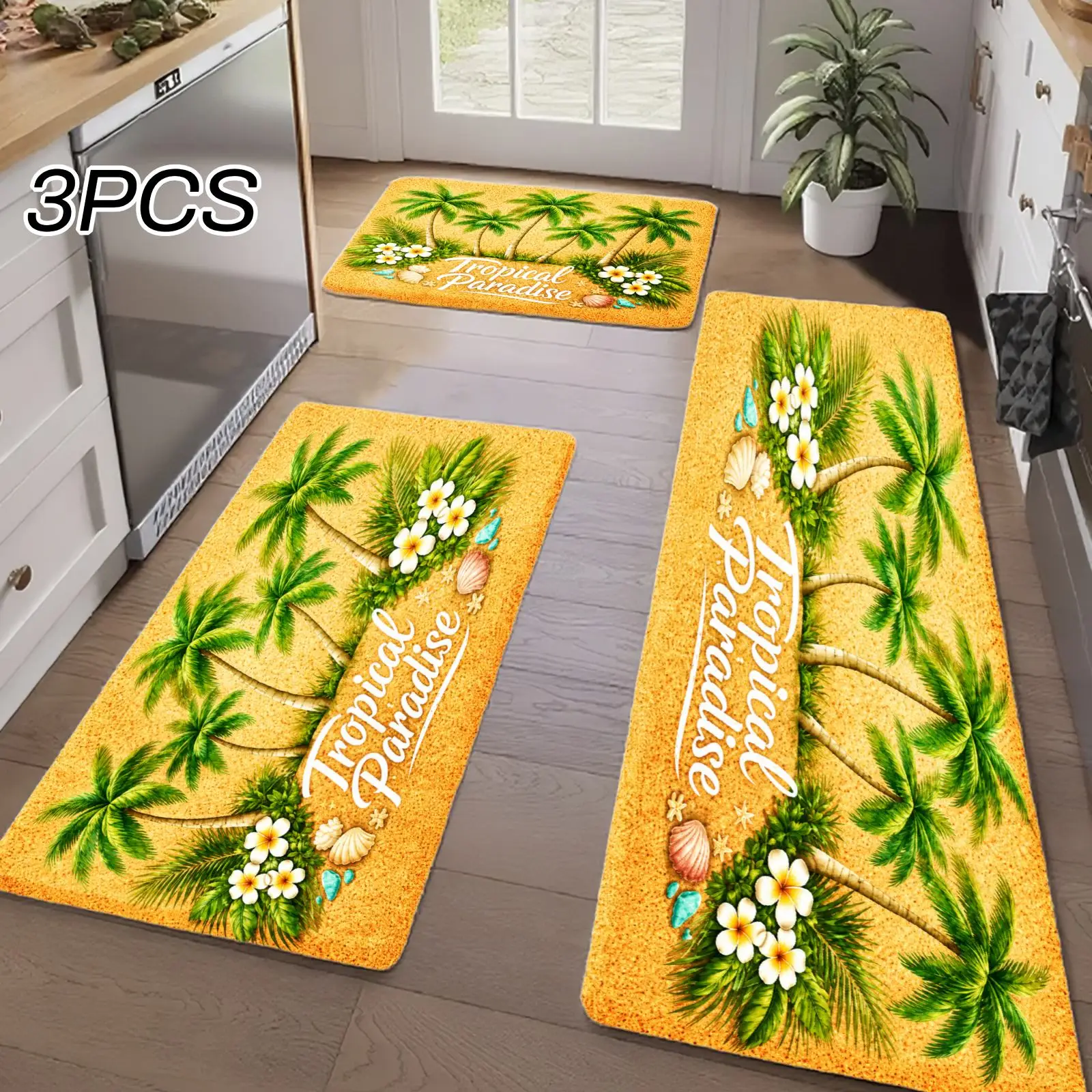 3PCS Kitchen Rugs,Home Decoration for Front Door, Kitchen, Bathroom, Palm Trees Flowers Tropical Paradise Pattern Dining Mat