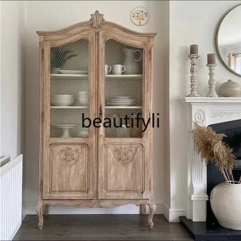 CC American country solid wood cabinet restaurant double door glass French retro wine cabinet side cabinet