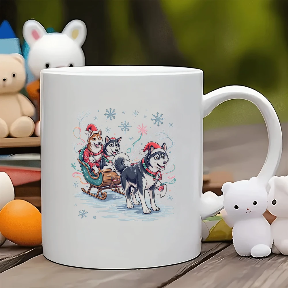 

Winter Fairy Tale Cartoon Husky Sled Dog Christmas Hat Mug 11 oz Holiday Gift Office Home Decor Cup