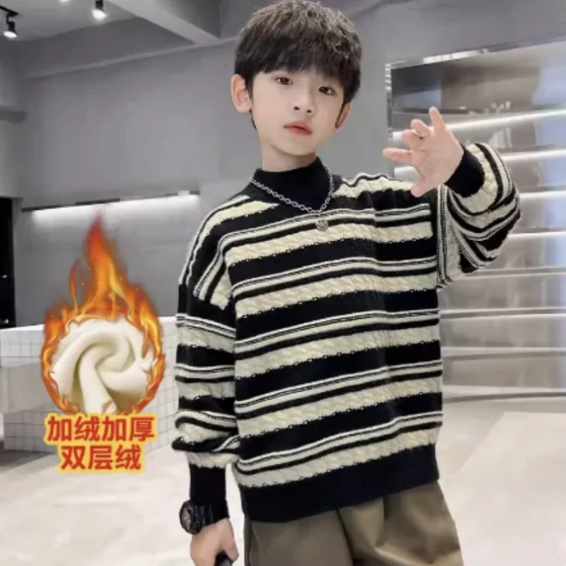 Boys Woolen Sweater Cotton Knitting Windbreak 2025 Stripe Plus Thicken Autumn Winter Outwear Sport Teenagers Christmas Warm Chil image 4