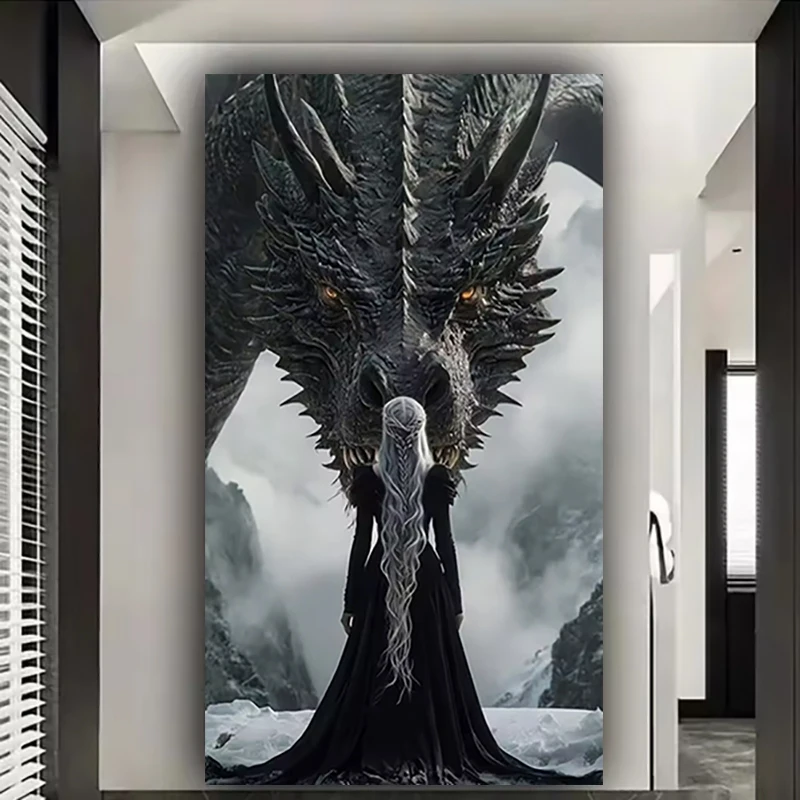 5D Diamond Painting Kits For Beginners, Black Dragon And Woman 5D DIY Diamond Art Kit, Full Round Drill, Home Wall Decoration