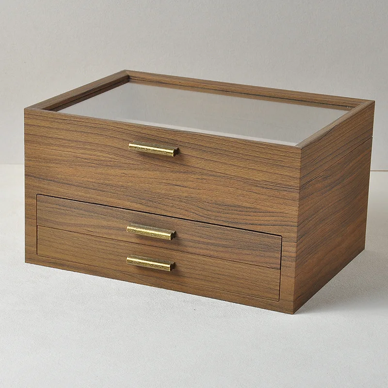 3 Drawer Walnut Grain Jewelry Display Box With Clear Window Jewelry Storage Organizer For Earrings Rings Necklaces Bracelets - view 2