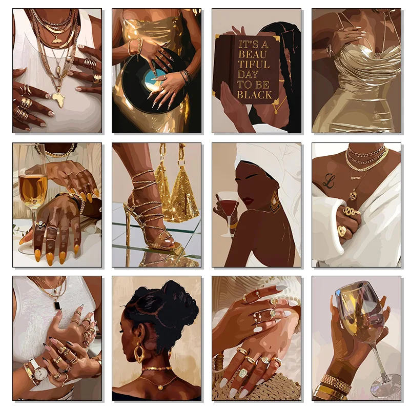 Modern African Black Women Jewelry Necklace Metal Fashion Art Poster Canvas Paintings Wall Art Pictures Home Decor Frameless