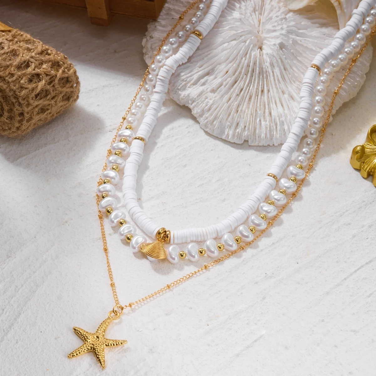 Mehrlagige Halskette mit imitierten Perlen, Herzanhänger aus weichem Ton, Muschel- und Seesternanhänger für Damen und Herren, Sommer-Muschel-Choker, Schmuckgeschenk – Detail 11