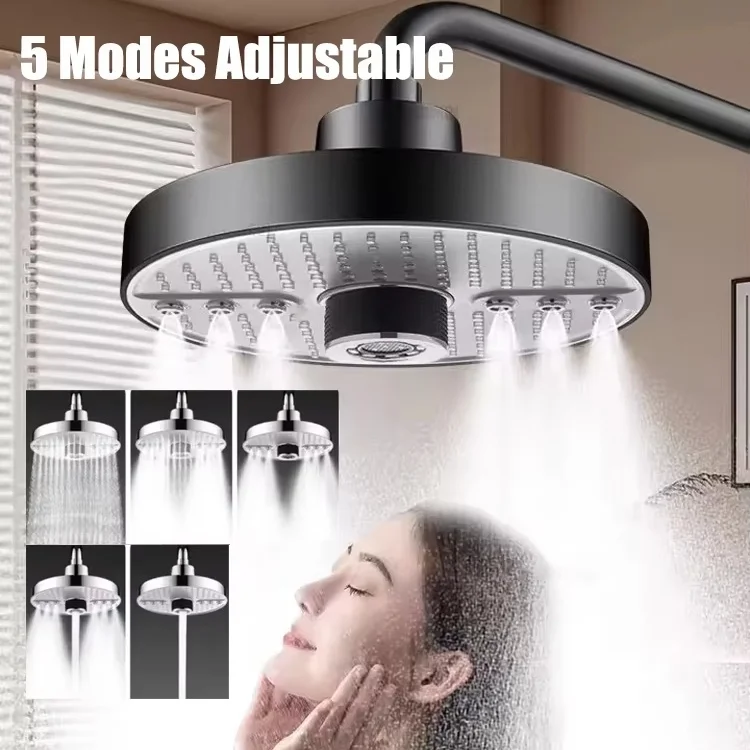 5-Mode 7 Inch Round Ceiling Shower Head High Flow Rainfall Spray Nozzle Universal Water‑Saving Overhead Bathroom Top Spray
