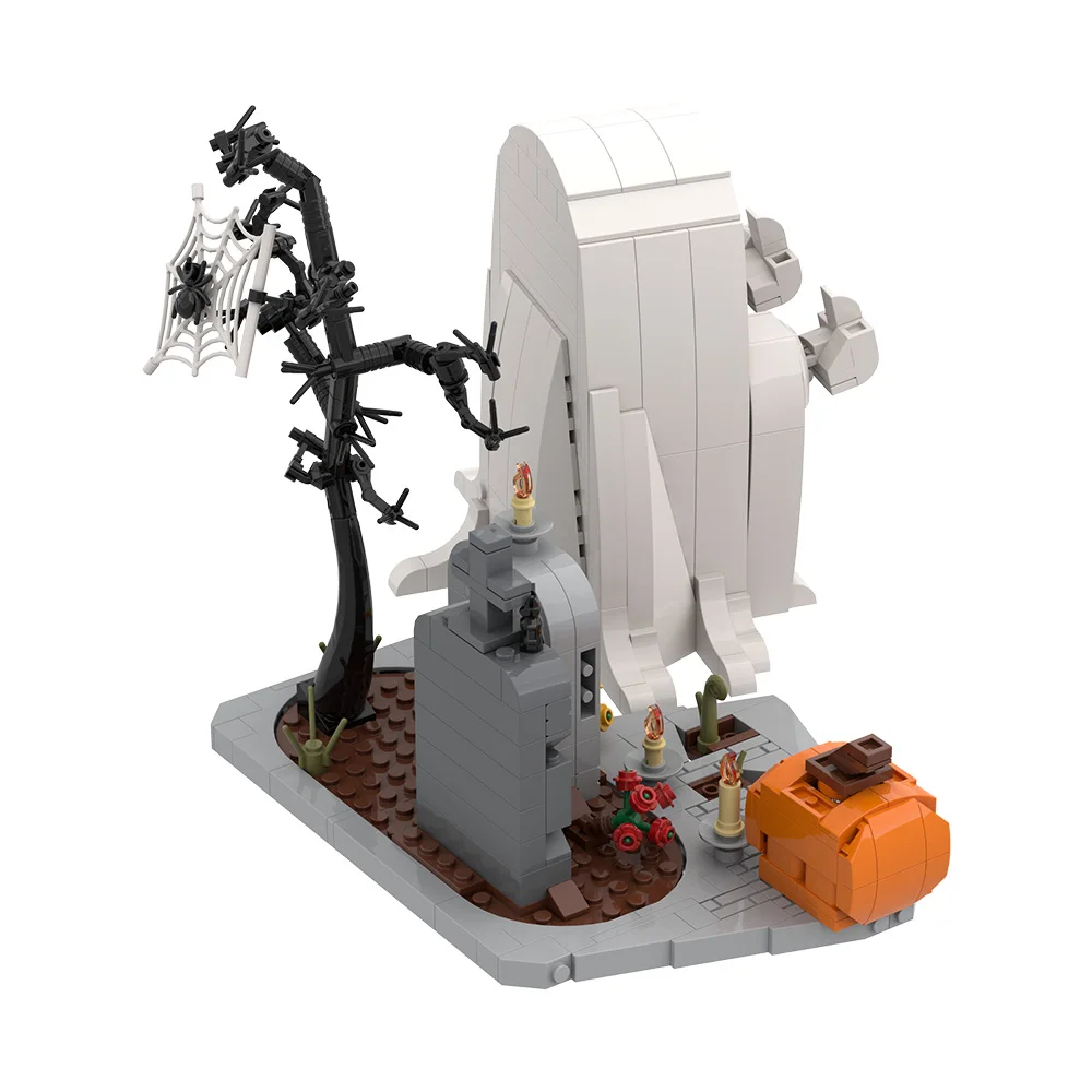 MOC Halloween Middle Finger Ghost Model Building Blocks Spooky Pumpkin Tombstone White Ghost Scene Bricks Toy Adult Gift