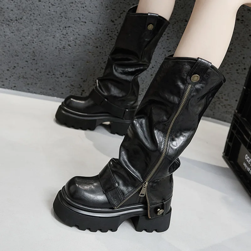 Women's Boots High Quality Soft Leather Casual Boot Side Zipper Trouser Tube Boots Women Thick-soled Knight Boots Botas Feminina