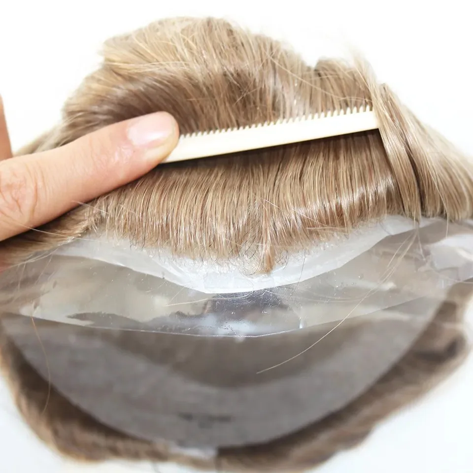 7*10 Ultra-thin PU Poly Base  Skin Base 100% Density Brown Men's Human Hair Durable Men's Wig Capillary Prosthesis System