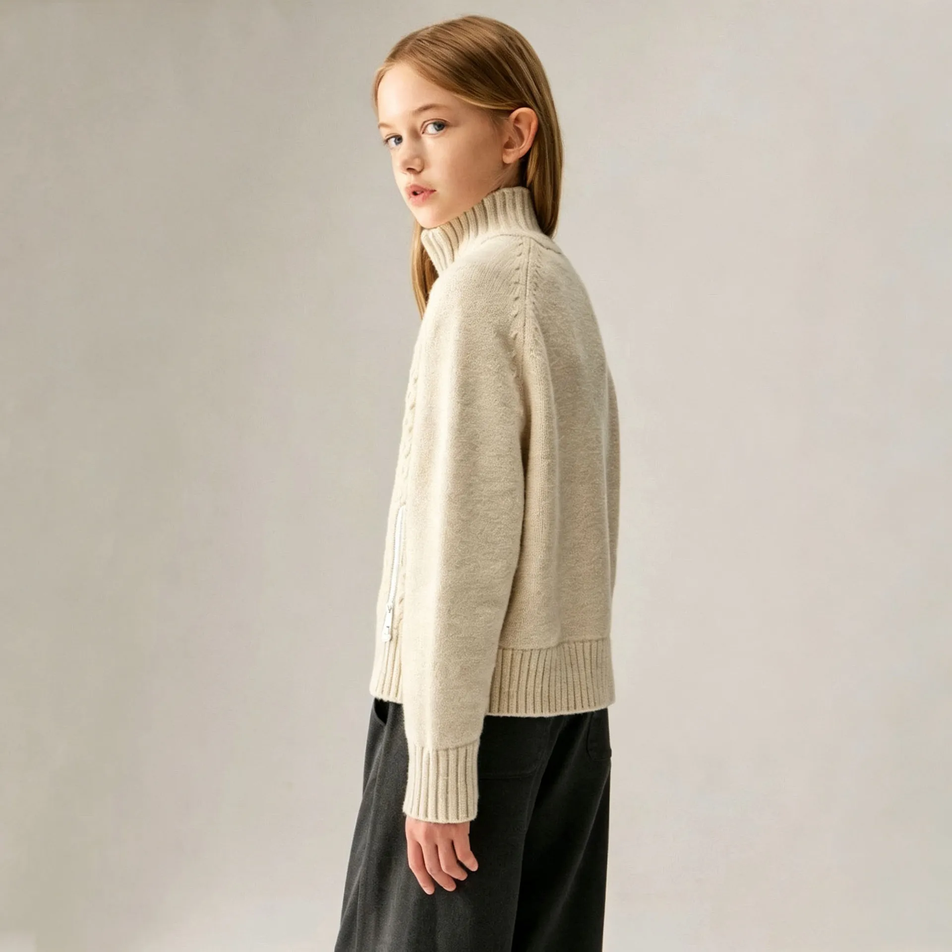 Retro mittelgroßer und großer Kinderpullover mit Zopfmuster, Stehkragen und halbem Reißverschluss für Mädchen – Detail 3