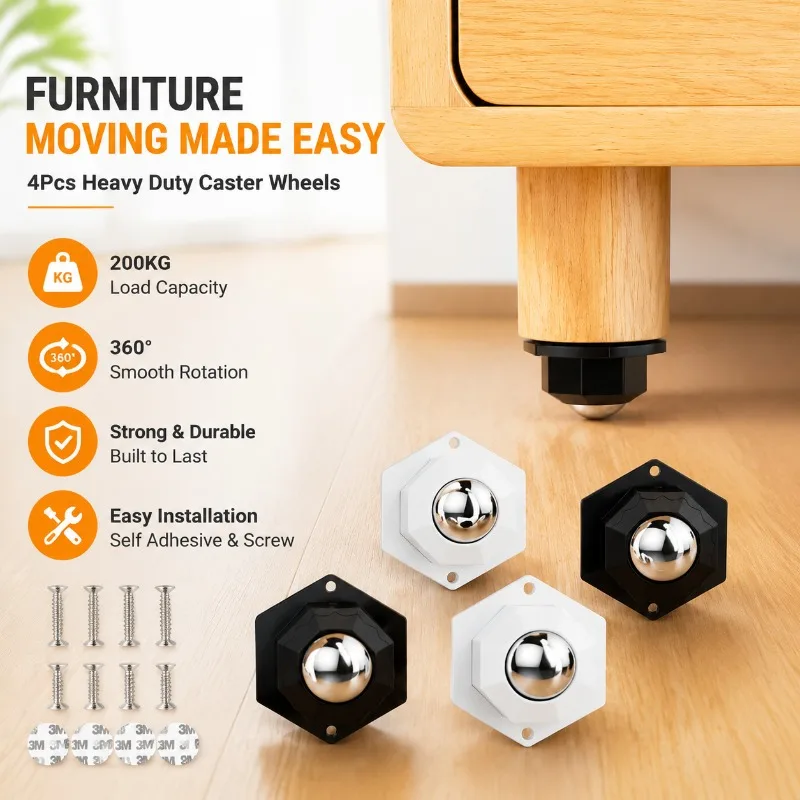 4Pcs Heavy Duty Furniture Casters Wheels 200kg Load Capacity, 360° Rotation Universal Wheels with Self Adhesive and Screw