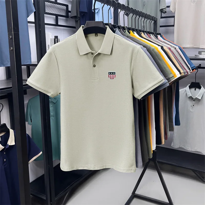 Men's Summer Luxury 100% Cotton Polo Shirt, Lapel Print Short Sleeve T-shirt, Breathable Business Casual Menswear