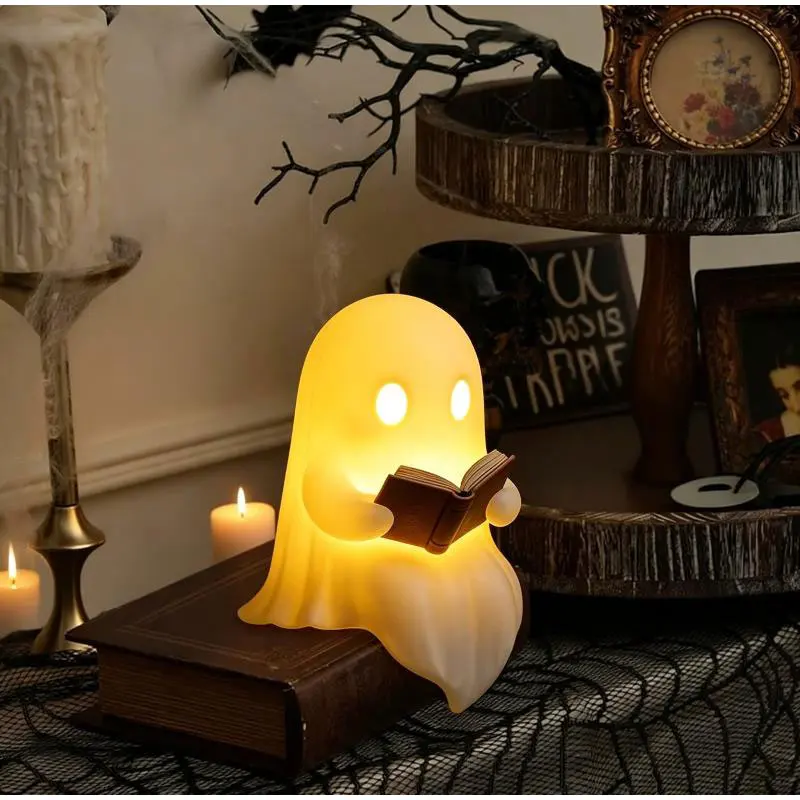 Cute Ghost Reading Book Lamp Halloween Ghost Book Lamp Desktop Decoration Holiday Party Ornament Gift Study Bedroom Night Light