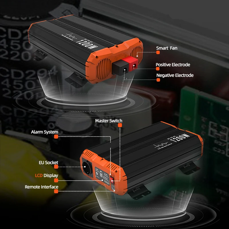 Imagem -06 - Conversor de Energia Solar de Onda Senoidal Pura Inversor de Energia do Carro Display Lcd Caminhão rv 1000w 2000w 2500w 12v 24v a 110v