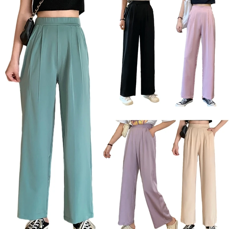 

Women Long Straight Suit Pants Solid Color Pleated Loose Wide Leg Pants High Waist Business Work Drape Trousers with Pockets