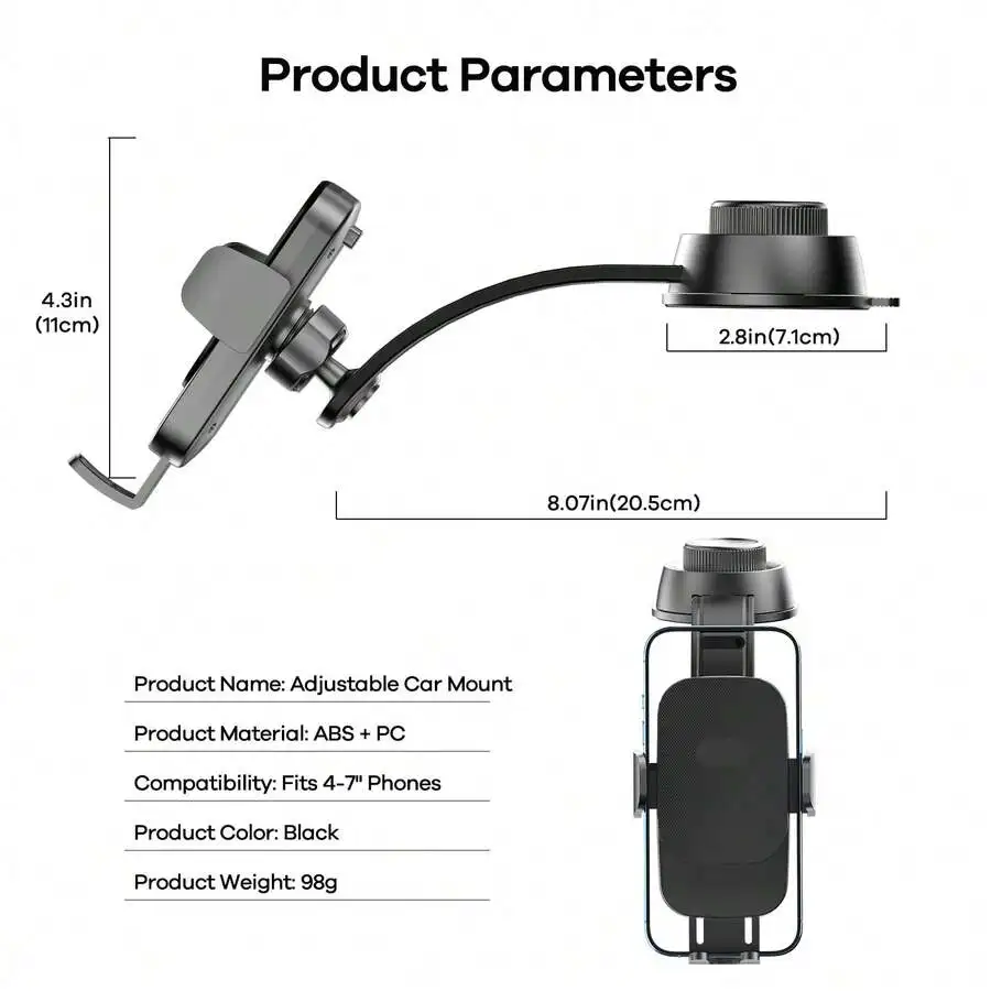 

Adjustable Suction Cup Car Phone Mount For Dashboard Or Windshield, Fits 4-7 Inch Smartphones, ABS+PC Black