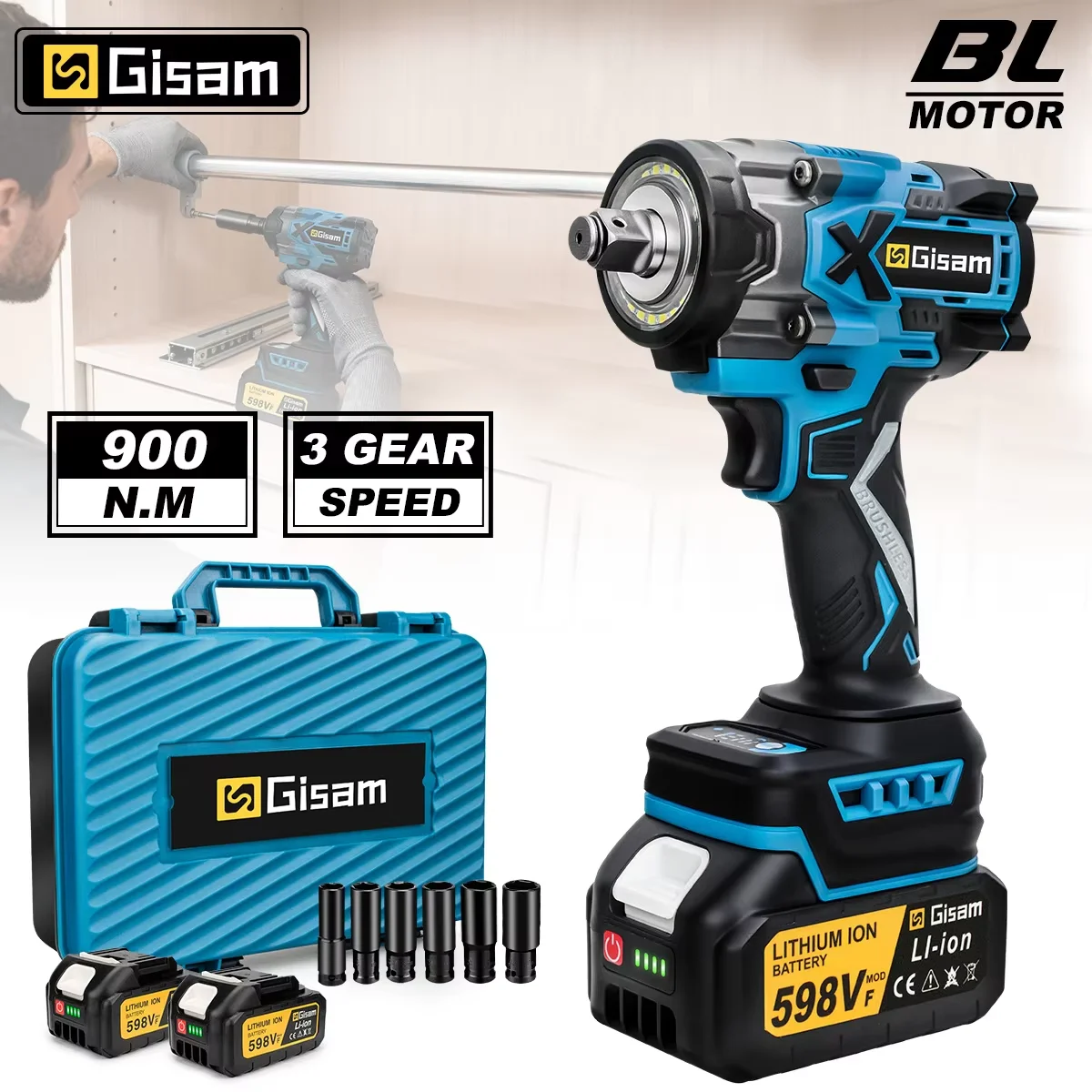 Gisam 900N.M Drehmoment Bürstenloser Elektrischer Schlagschrauber 1/2 Zoll Akku-Schrauber Elektrowerkzeug für Makita 18V Akku
