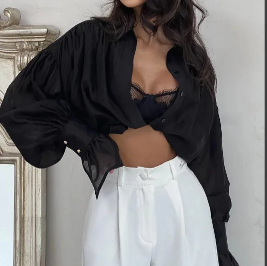 Otoño francés Sexy pura Color sólido ligero camisa de mujer mangas linterna elegante suelto botón solapa blusa Tops de gran tamaño