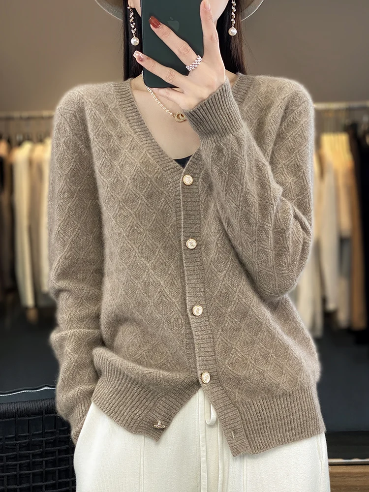 

High Quality Women 100% Merino Wool V-Neck Casual Cardigan Pure Colors Long-Sleeves Cashmere Sweater Autumn Winter Female Jacket